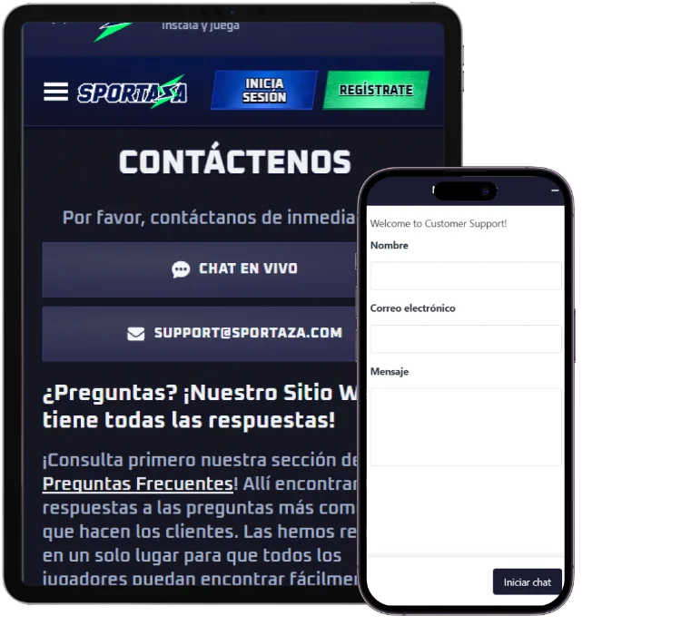 Sportaza Casino Contacto y Soporte Sportaza Casino página de contacto con chat en vivo y formulario de soporte